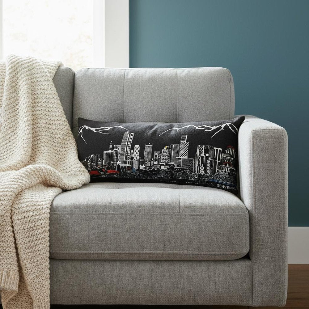 14" X 35" Dark Gray And White Denver Nighttime Skyline Lumbar Decorative Pillow