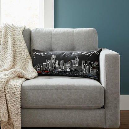 14" X 35" Dark Gray And White Denver Nighttime Skyline Lumbar Decorative Pillow
