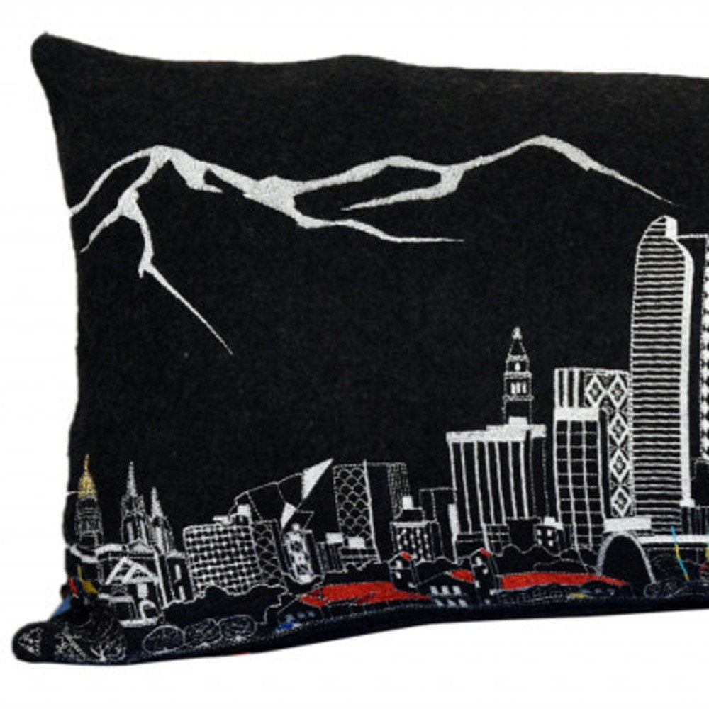 14" X 35" Dark Gray And White Denver Nighttime Skyline Lumbar Decorative Pillow