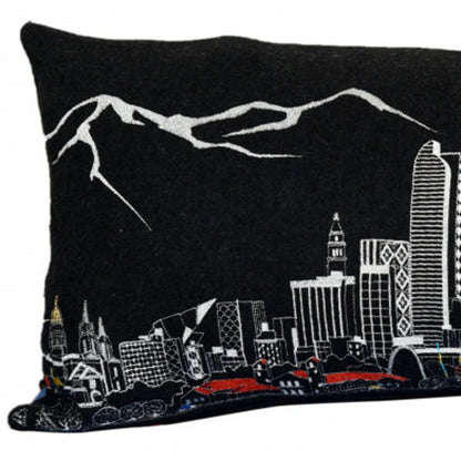 14" X 35" Dark Gray And White Denver Nighttime Skyline Lumbar Decorative Pillow