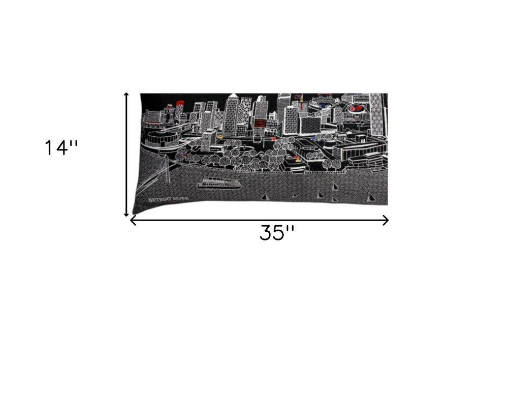 14" X 35" Dark Gray And White Detroit Nighttime Skyline Lumbar Decorative Pillow