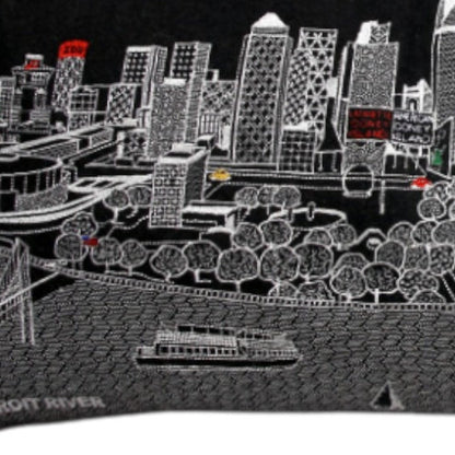 14" X 35" Dark Gray And White Detroit Nighttime Skyline Lumbar Decorative Pillow