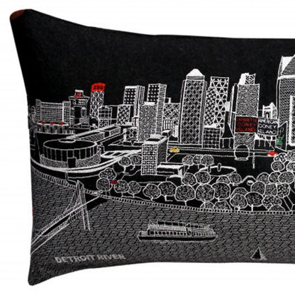 14" X 35" Dark Gray And White Detroit Nighttime Skyline Lumbar Decorative Pillow