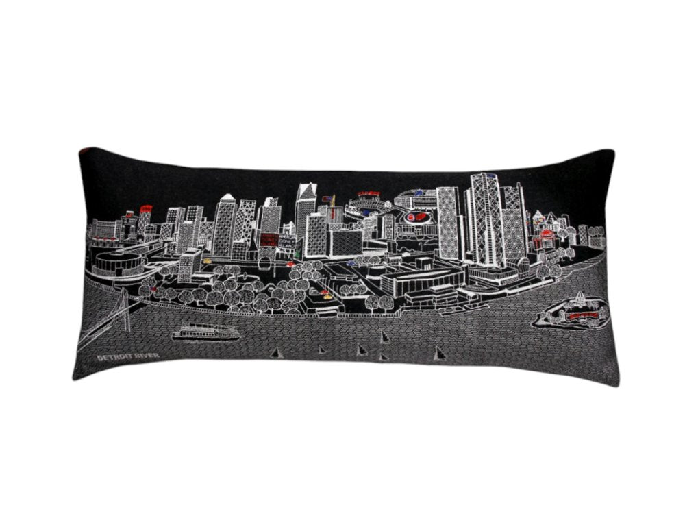 14" X 35" Dark Gray And White Detroit Nighttime Skyline Lumbar Decorative Pillow