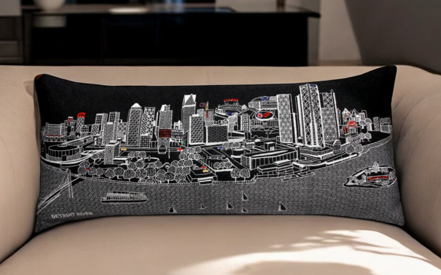 35" Black Detroit Nighttime Skyline Lumbar Decorative Pillow