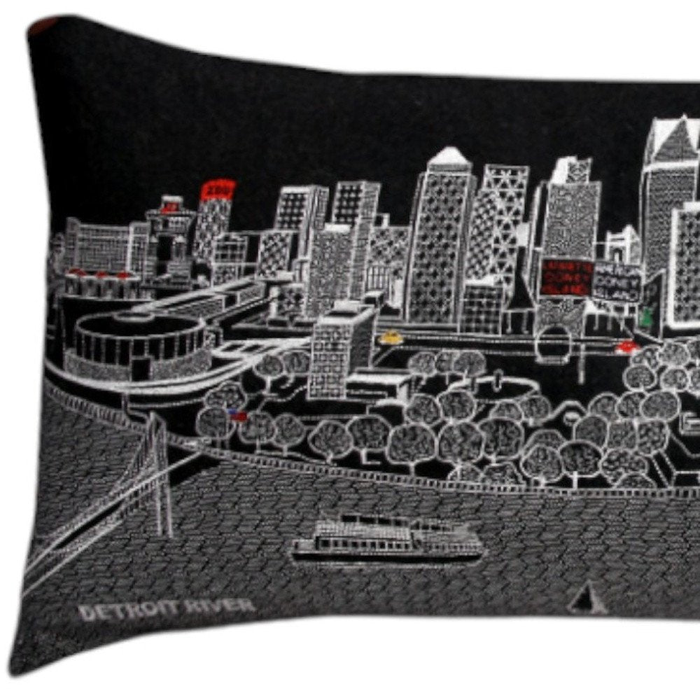 14" X 35" Dark Gray And White Detroit Nighttime Skyline Lumbar Decorative Pillow