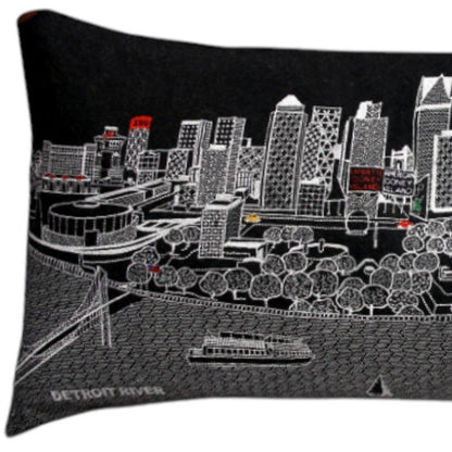 14" X 35" Dark Gray And White Detroit Nighttime Skyline Lumbar Decorative Pillow
