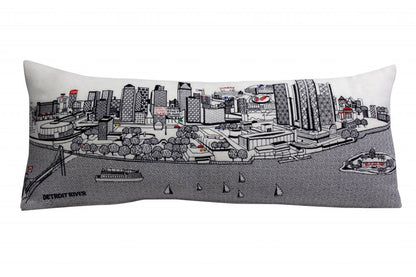 14" X 35" Cream Lumbar Detroit Hometown Pride Wool Throw Pillow with Embroidery
