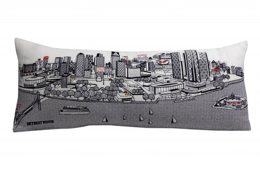 14" X 35" Cream Lumbar Detroit Hometown Pride Wool Throw Pillow with Embroidery