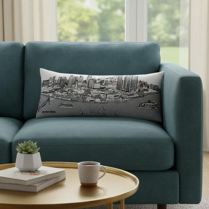 14" X 35" Cream Lumbar Detroit Hometown Pride Wool Throw Pillow with Embroidery