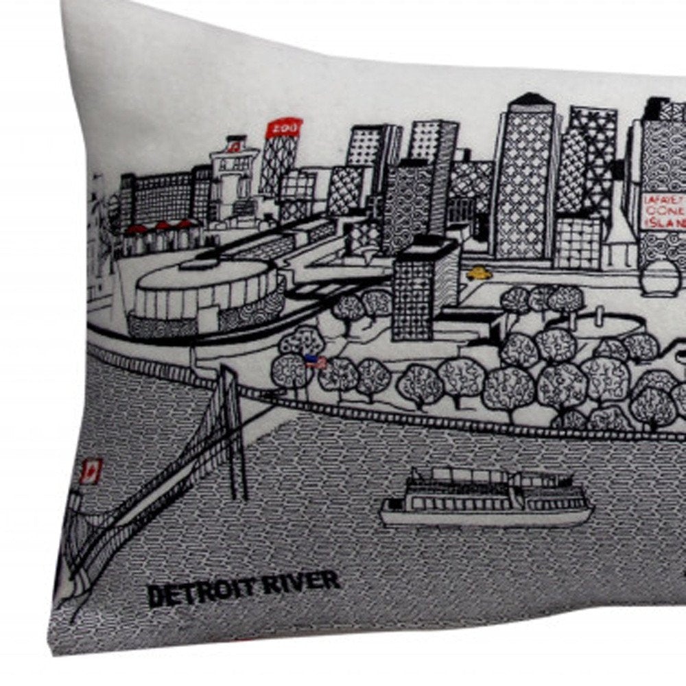 14" X 35" Cream Lumbar Detroit Hometown Pride Wool Throw Pillow with Embroidery