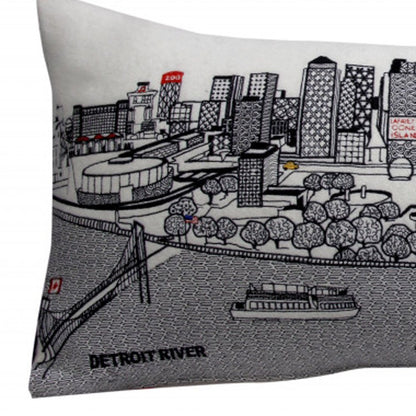 14" X 35" Cream Lumbar Detroit Hometown Pride Wool Throw Pillow with Embroidery