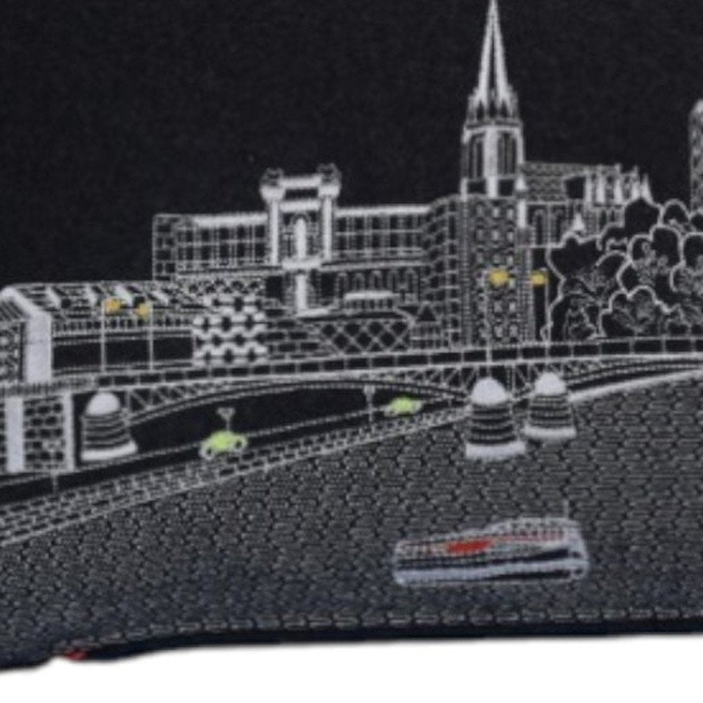 14" X 35" Dark Gray And White Lumbar Frankfurt Hometown Pride Wool Throw Pillow with Embroidery