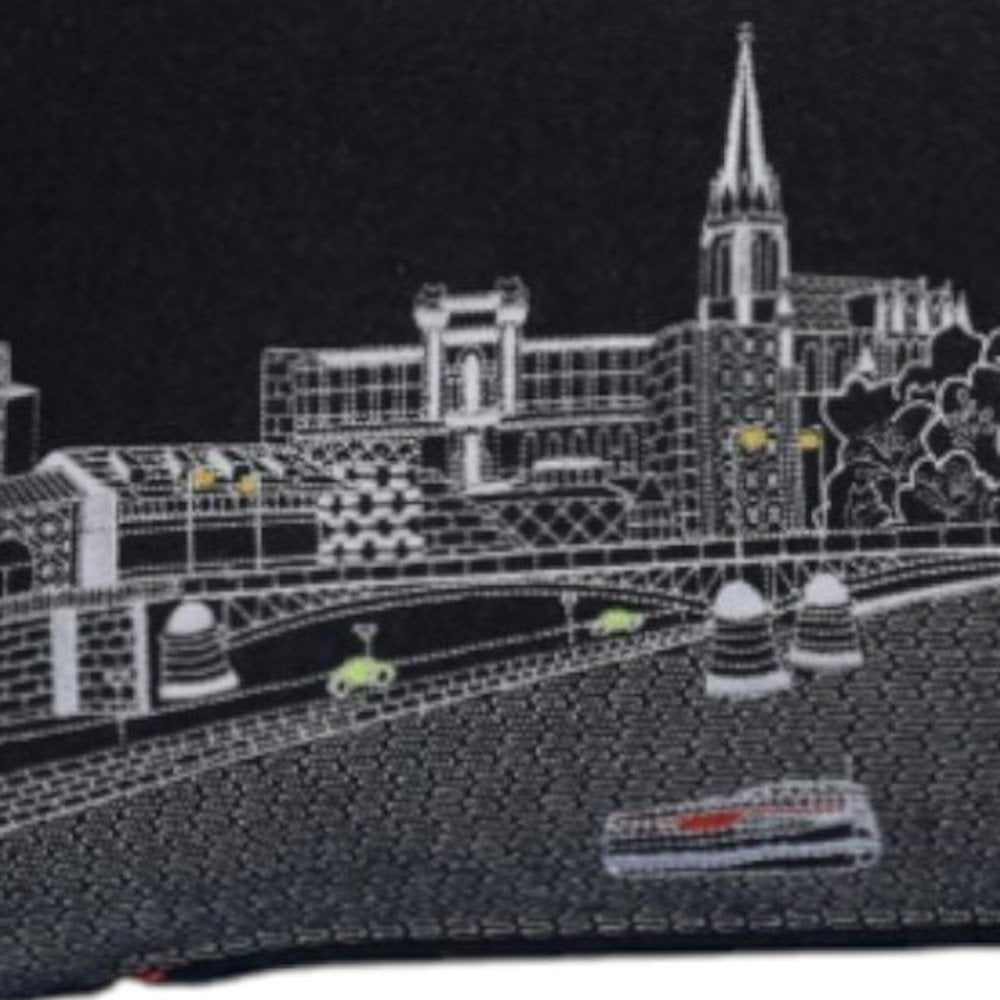 14" X 35" Dark Gray And White Lumbar Frankfurt Hometown Pride Wool Throw Pillow with Embroidery