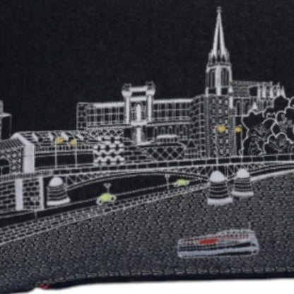 14" X 35" Dark Gray And White Lumbar Frankfurt Hometown Pride Wool Throw Pillow with Embroidery