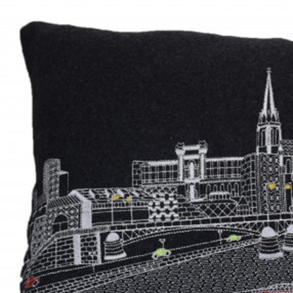14" X 35" Dark Gray And White Lumbar Frankfurt Hometown Pride Wool Throw Pillow with Embroidery