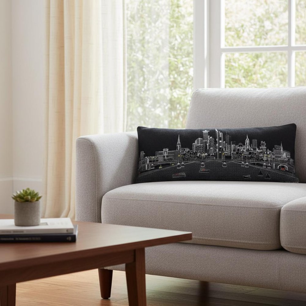 14" X 35" Dark Gray And White Lumbar Frankfurt Hometown Pride Wool Throw Pillow with Embroidery