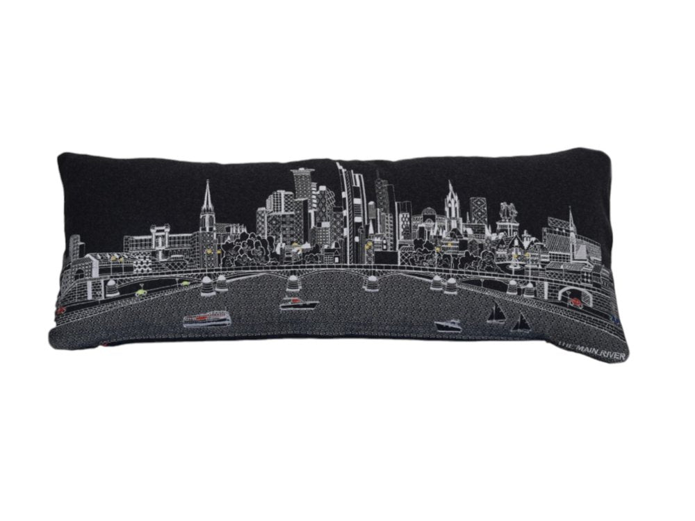 14" X 35" Dark Gray And White Lumbar Frankfurt Hometown Pride Wool Throw Pillow with Embroidery