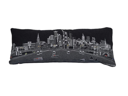 14" X 35" Dark Gray And White Lumbar Frankfurt Hometown Pride Wool Throw Pillow with Embroidery