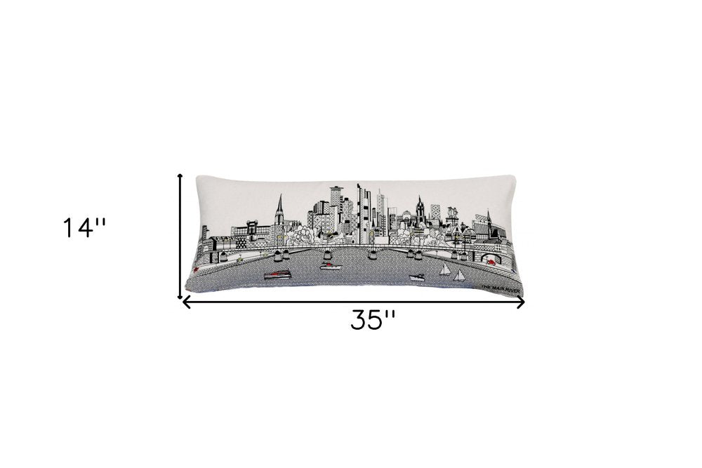 14" X 35" Cream Lumbar Frankfurt Hometown Pride Wool Throw Pillow with Embroidery