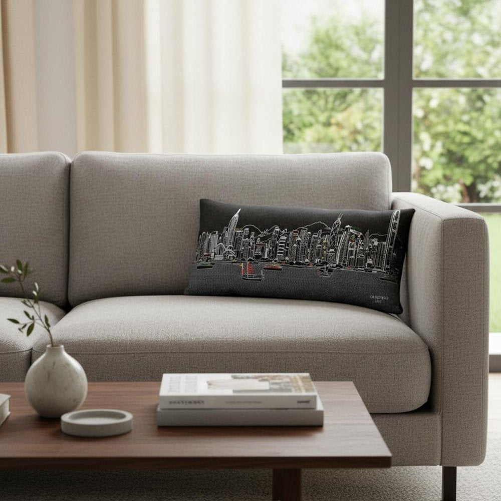 14" X 35" Dark Gray And White Lumbar Hong Kong Hometown Pride Wool Throw Pillow with Embroidery