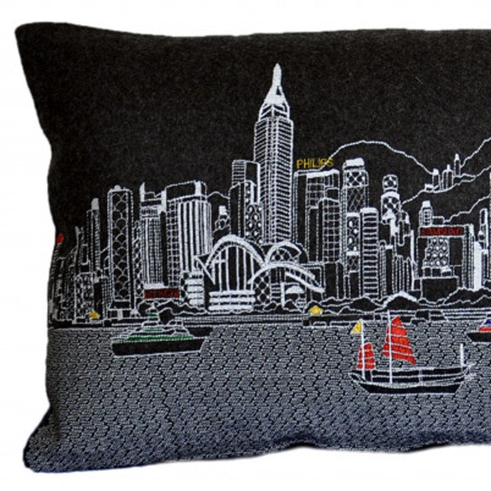 14" X 35" Dark Gray And White Lumbar Hong Kong Hometown Pride Wool Throw Pillow with Embroidery