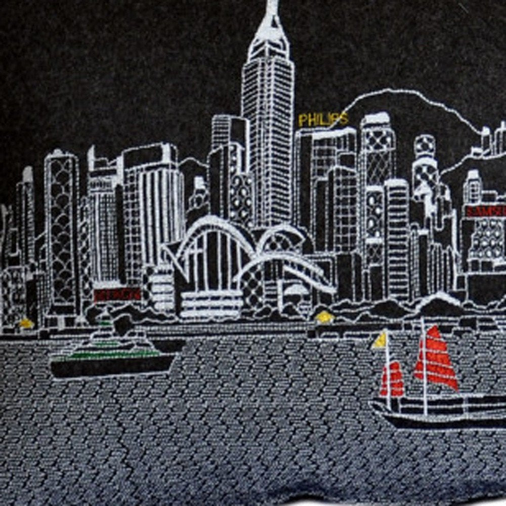 14" X 35" Dark Gray And White Lumbar Hong Kong Hometown Pride Wool Throw Pillow with Embroidery