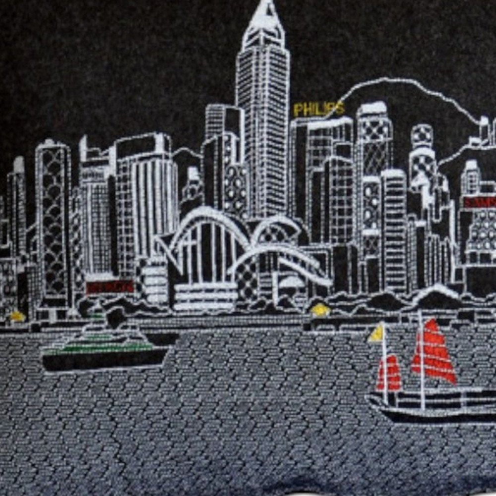14" X 35" Dark Gray And White Lumbar Hong Kong Hometown Pride Wool Throw Pillow with Embroidery