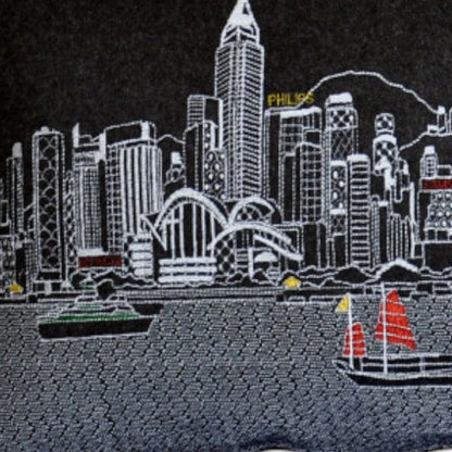 14" X 35" Dark Gray And White Lumbar Hong Kong Hometown Pride Wool Throw Pillow with Embroidery