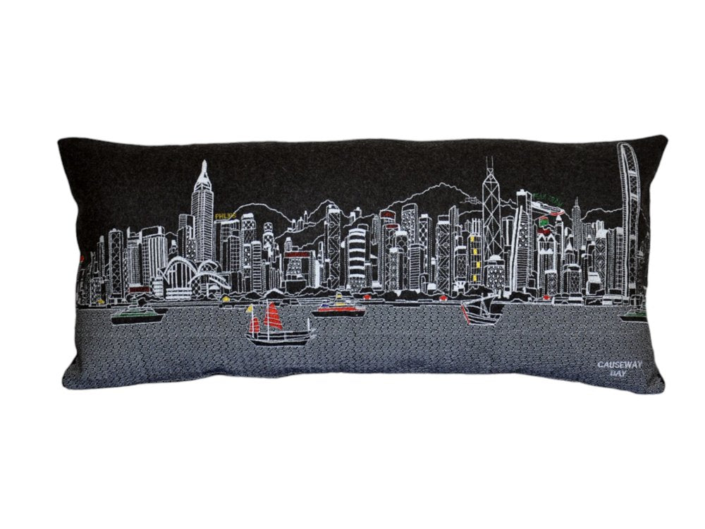 14" X 35" Dark Gray And White Lumbar Hong Kong Hometown Pride Wool Throw Pillow with Embroidery