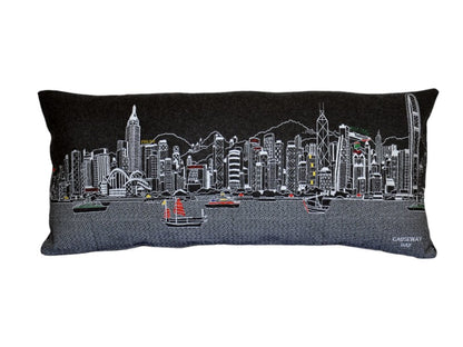 14" X 35" Dark Gray And White Lumbar Hong Kong Hometown Pride Wool Throw Pillow with Embroidery
