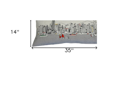 14" X 35" Cream Lumbar Hong Kong Hometown Pride Wool Throw Pillow with Embroidery