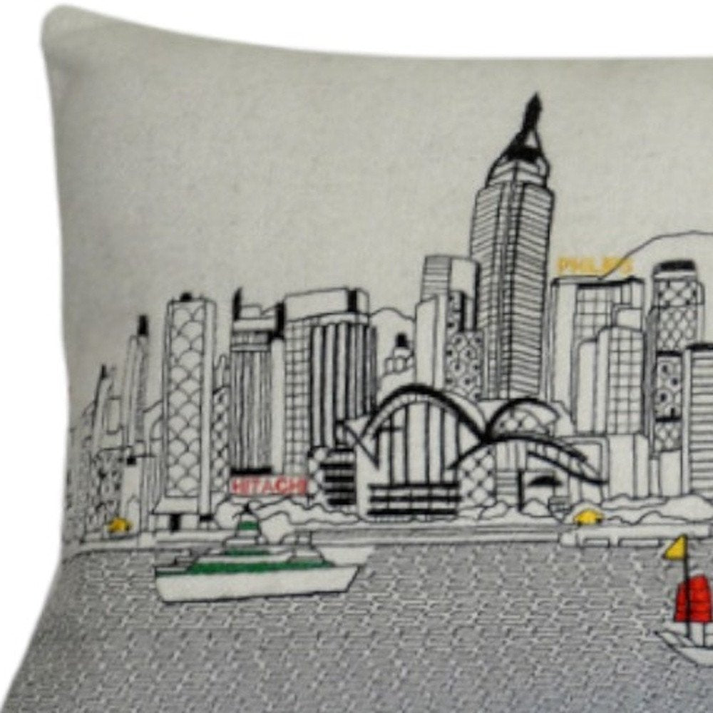 14" X 35" Cream Lumbar Hong Kong Hometown Pride Wool Throw Pillow with Embroidery