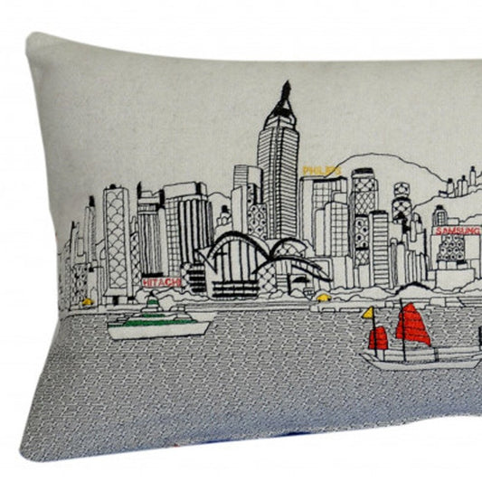 14" X 35" Cream Lumbar Hong Kong Hometown Pride Wool Throw Pillow with Embroidery