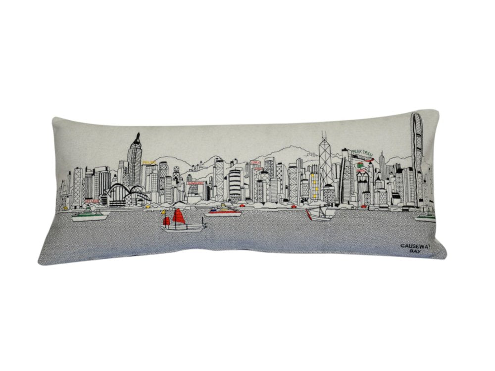 14" X 35" Cream Lumbar Hong Kong Hometown Pride Wool Throw Pillow with Embroidery