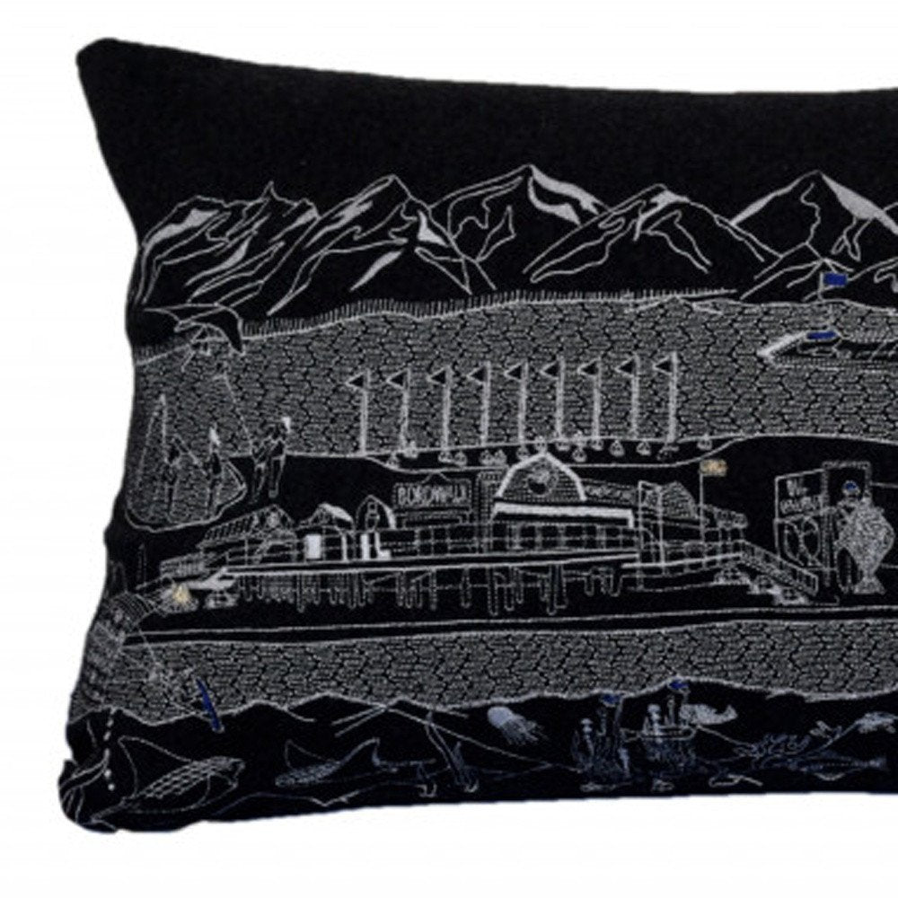 14" X 35" Dark Gray And White Lumbar Homer Spit Hometown Pride Wool Throw Pillow with Embroidery