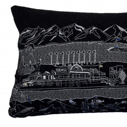 14" X 35" Dark Gray And White Lumbar Homer Spit Hometown Pride Wool Throw Pillow with Embroidery