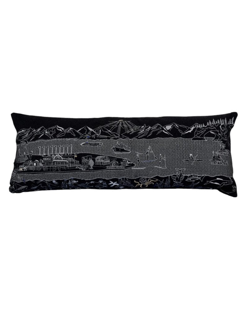14" X 35" Dark Gray And White Lumbar Homer Spit Hometown Pride Wool Throw Pillow with Embroidery