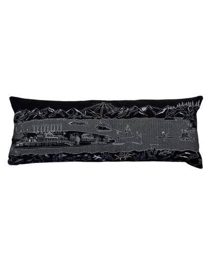 14" X 35" Dark Gray And White Lumbar Homer Spit Hometown Pride Wool Throw Pillow with Embroidery