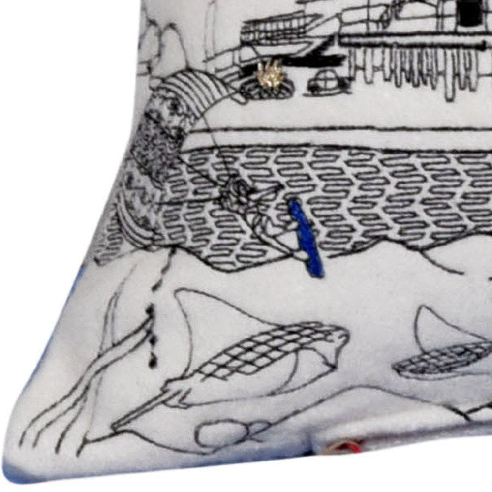 14" X 35" Cream Lumbar Homer Spit Hometown Pride Wool Throw Pillow with Embroidery