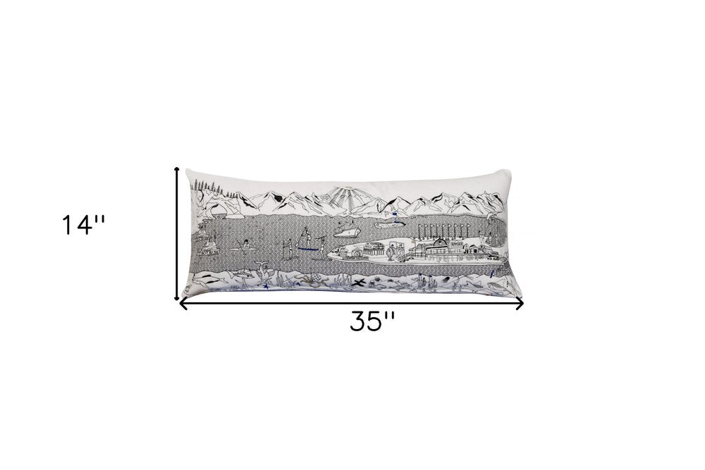 14" X 35" Cream Lumbar Homer Spit Hometown Pride Wool Throw Pillow with Embroidery