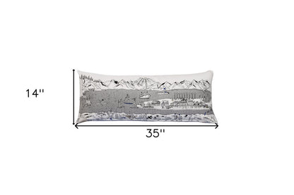14" X 35" Cream Lumbar Homer Spit Hometown Pride Wool Throw Pillow with Embroidery