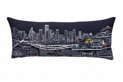 14" X 35" Dark Gray And White Houston Nighttime Skyline Lumbar Decorative Pillow