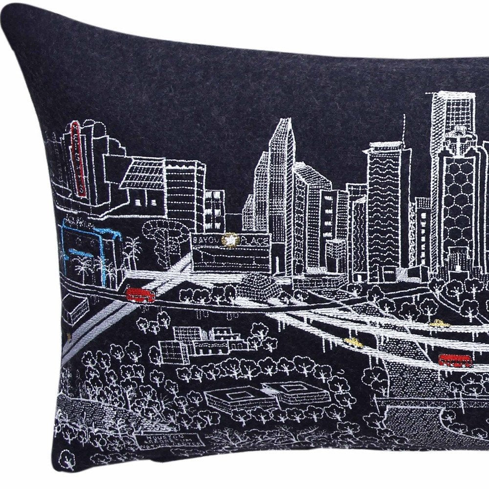 14" X 35" Dark Gray And White Houston Nighttime Skyline Lumbar Decorative Pillow