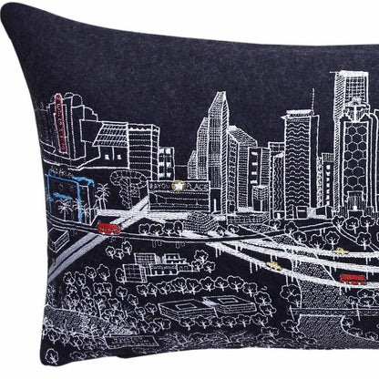 14" X 35" Dark Gray And White Houston Nighttime Skyline Lumbar Decorative Pillow