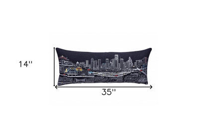 14" X 35" Dark Gray And White Houston Nighttime Skyline Lumbar Decorative Pillow