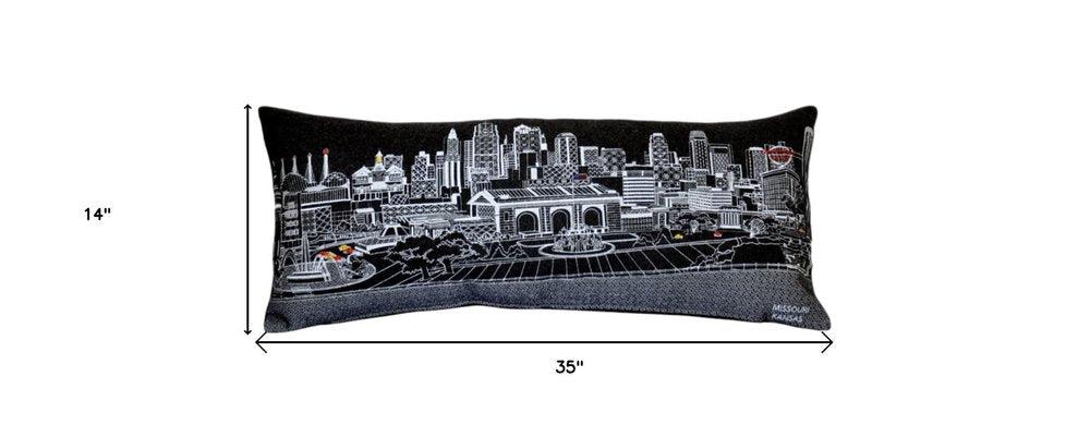 14" X 35" Dark Gray And White Lumbar Kansas City Nighttime Skyline Lumbar Decorative Pillow