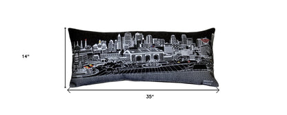 14" X 35" Dark Gray And White Lumbar Kansas City Nighttime Skyline Lumbar Decorative Pillow