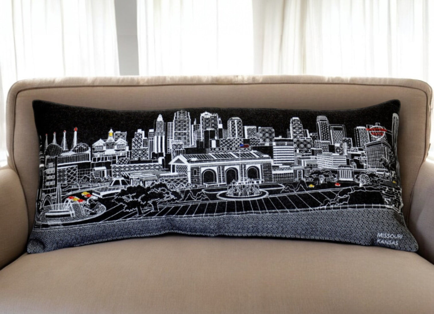 35" Black Kansas City Nighttime Skyline Lumbar Decorative Pillow