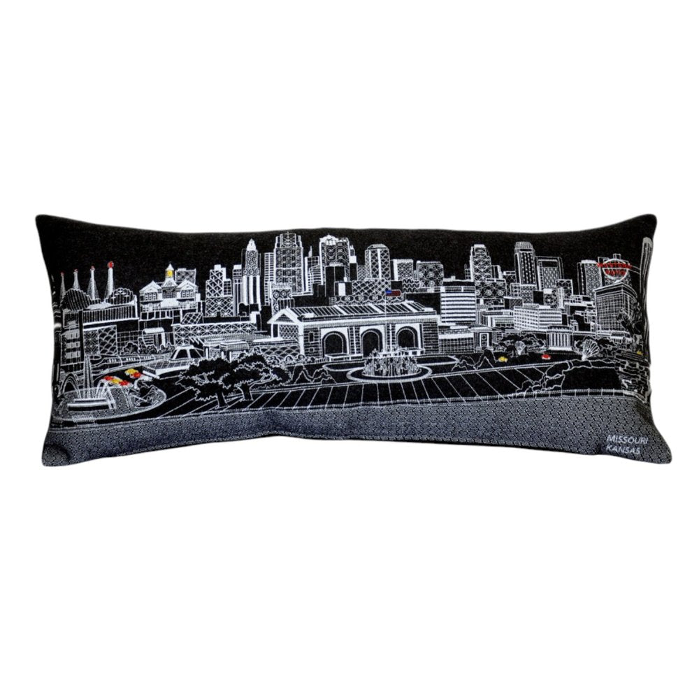 14" X 35" Dark Gray And White Lumbar Kansas City Nighttime Skyline Lumbar Decorative Pillow